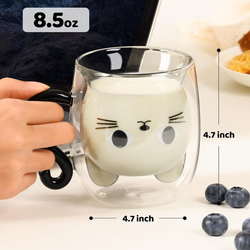 Cute Cat Mug - Double Wall Glass, 8.5 oz, Cat Lover Gift