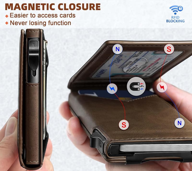 Slim Magnetic Leather Wallet for Men - Money Clip & Card Holder