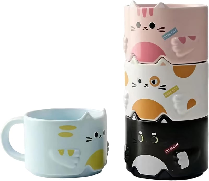 Cat Lovers' Stackable Ceramic Coffee Mugs Set of 4, 10 oz