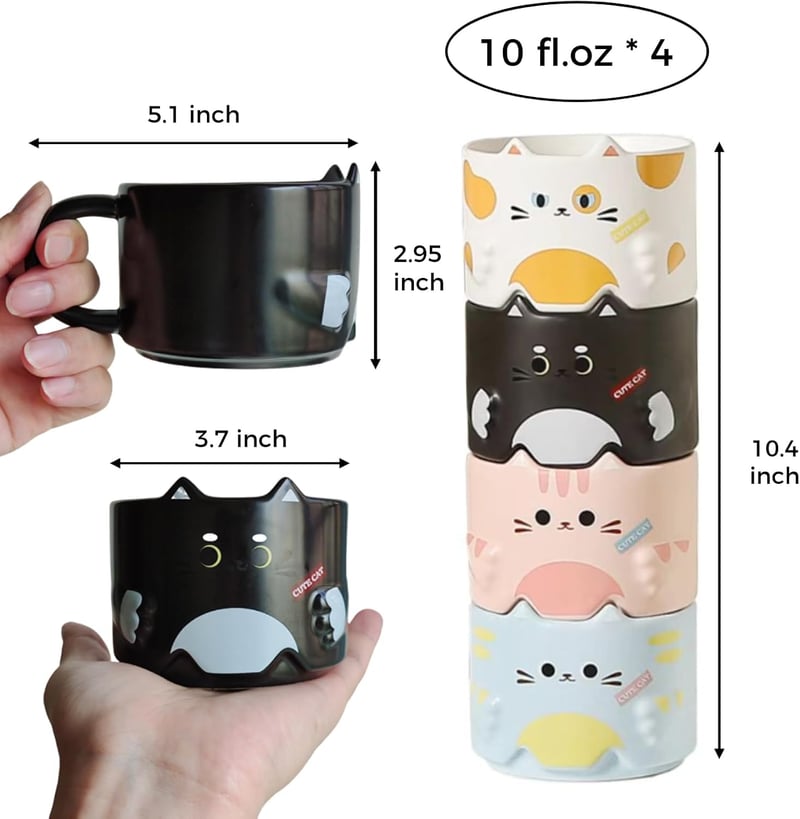 Cat Lovers' Stackable Ceramic Coffee Mugs Set of 4, 10 oz