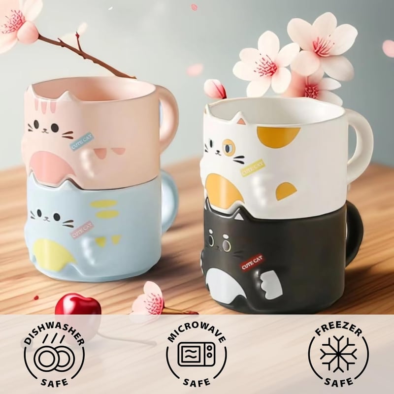 Cat Lovers' Stackable Ceramic Coffee Mugs Set of 4, 10 oz