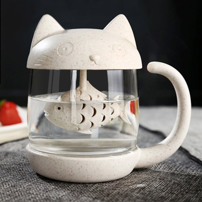 Cat Glass Tea Mug with Fish Infuser Filter