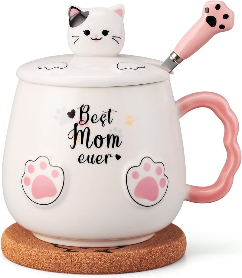 Cute Cat Coffee Mug with Lid & Spoon - Gift for Mom, 14 oz