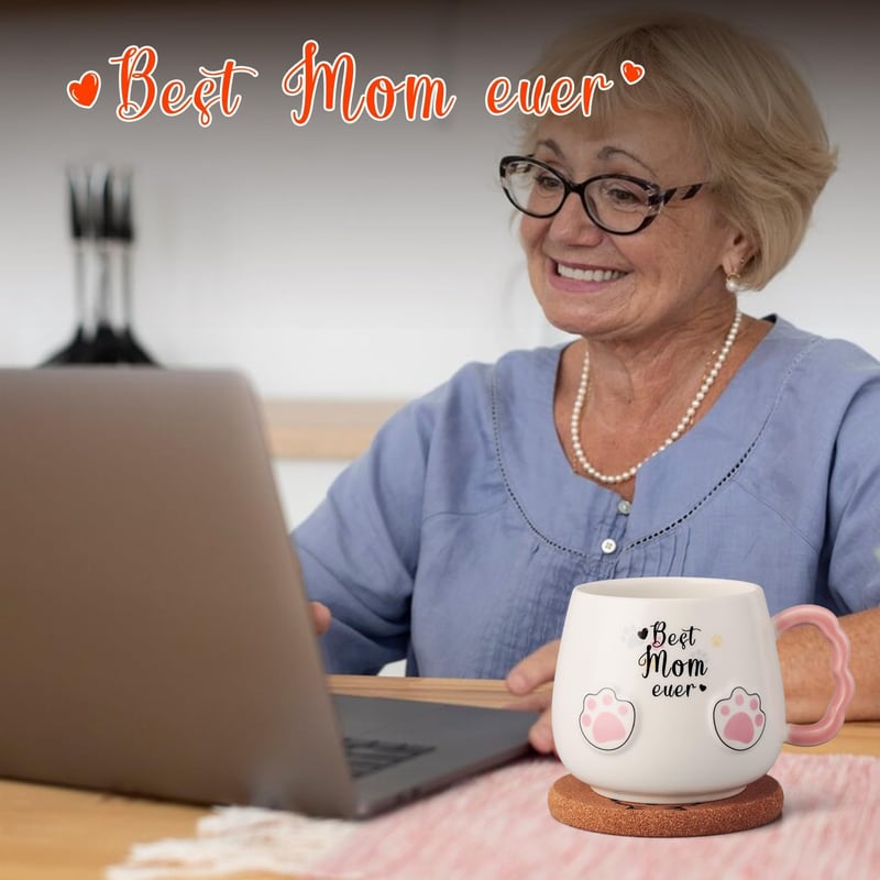 Cute Cat Coffee Mug with Lid & Spoon - Gift for Mom, 14 oz