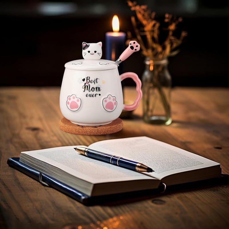 Cute Cat Coffee Mug with Lid & Spoon - Gift for Mom, 14 oz