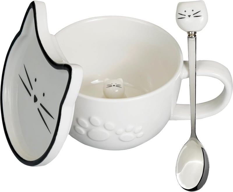 Cat Lovers Ceramic Mug with Lid & Spoon – 10oz White
