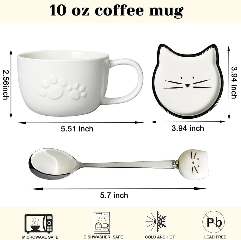 Cat Lovers Ceramic Mug with Lid & Spoon – 10oz White