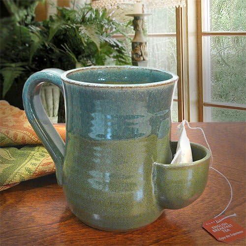 Hand-Sculpted 16 oz Tea Mug with Bag Holder, Blue/Green