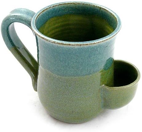 Hand-Sculpted 16 oz Tea Mug with Bag Holder, Blue/Green