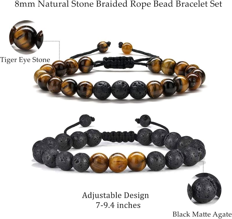 Men's Natural Stone Bracelet - 8mm Tiger Eye & Matte Agate