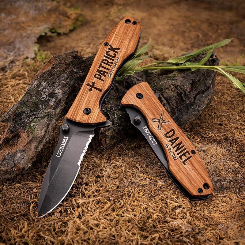 Personalized Engraved Oak Wood Pocket Knife for Men