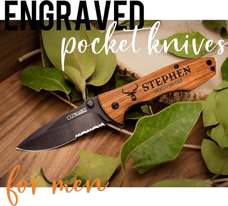Personalized Engraved Oak Wood Pocket Knife for Men