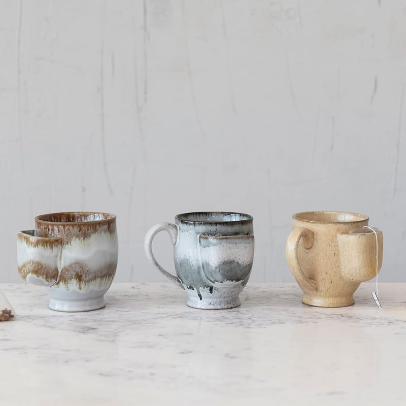 Reactive Glaze Stoneware Mug Set with Tea Bag Holder - 3 Colors