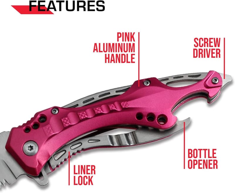Pink Aluminum Folding Pocket Knife with 3.25-inch Serrated Blade