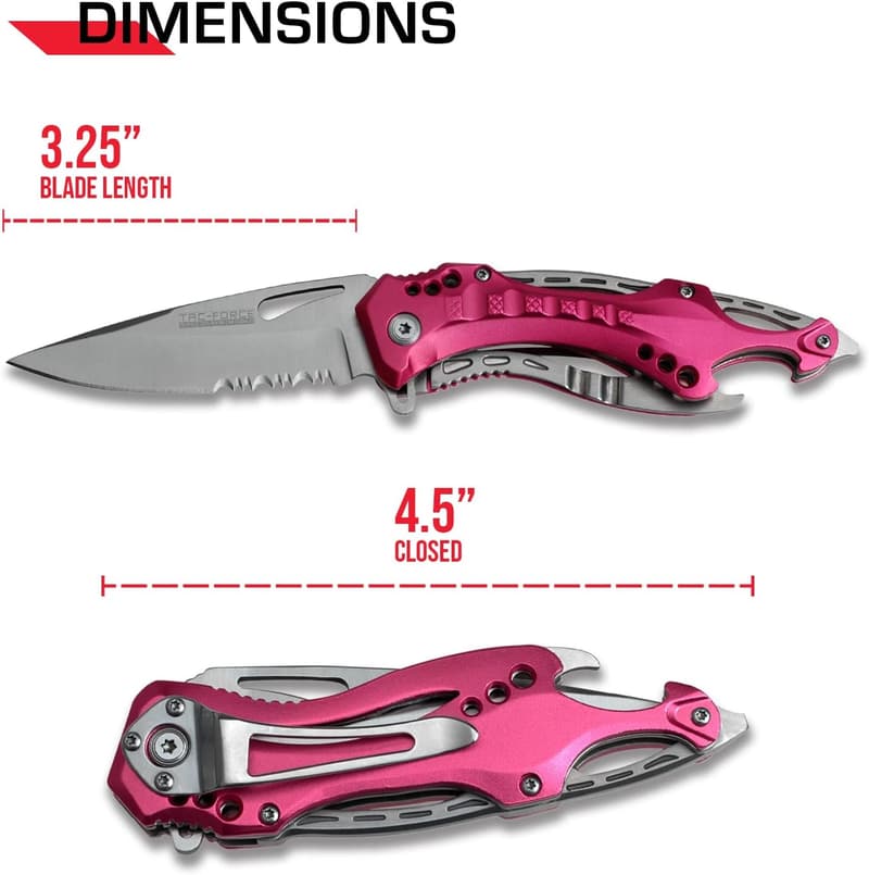 Pink Aluminum Folding Pocket Knife with 3.25-inch Serrated Blade