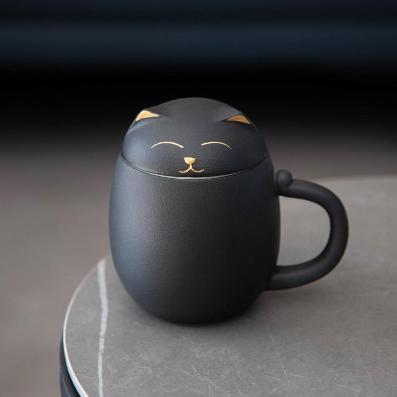 Cute Cat Ceramic Tea Mug with Infuser – Handmade Porcelain