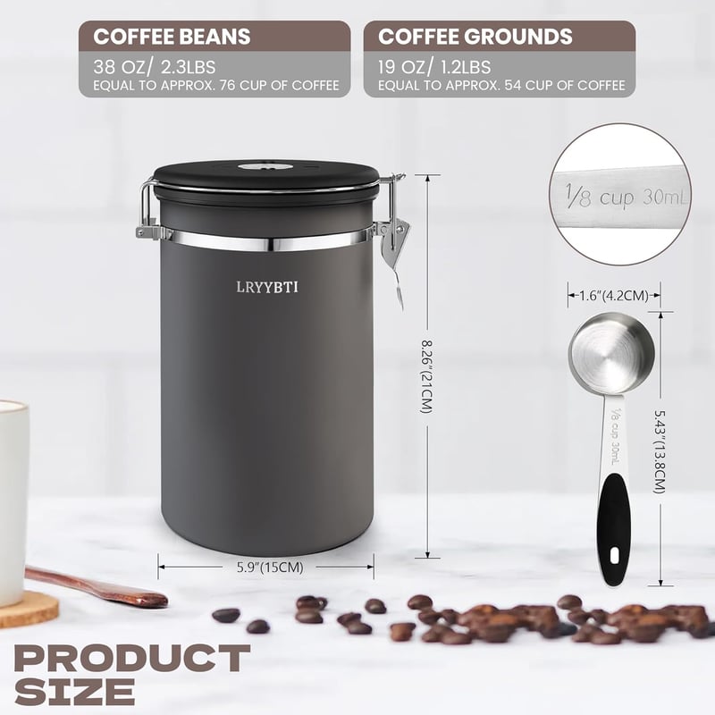 Stainless Steel Airtight Coffee Canister with Scoop & Date Tracker