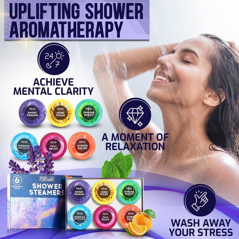 Aromatherapy Shower Steamers Set - 6 Relaxing Scents for Self-Care
