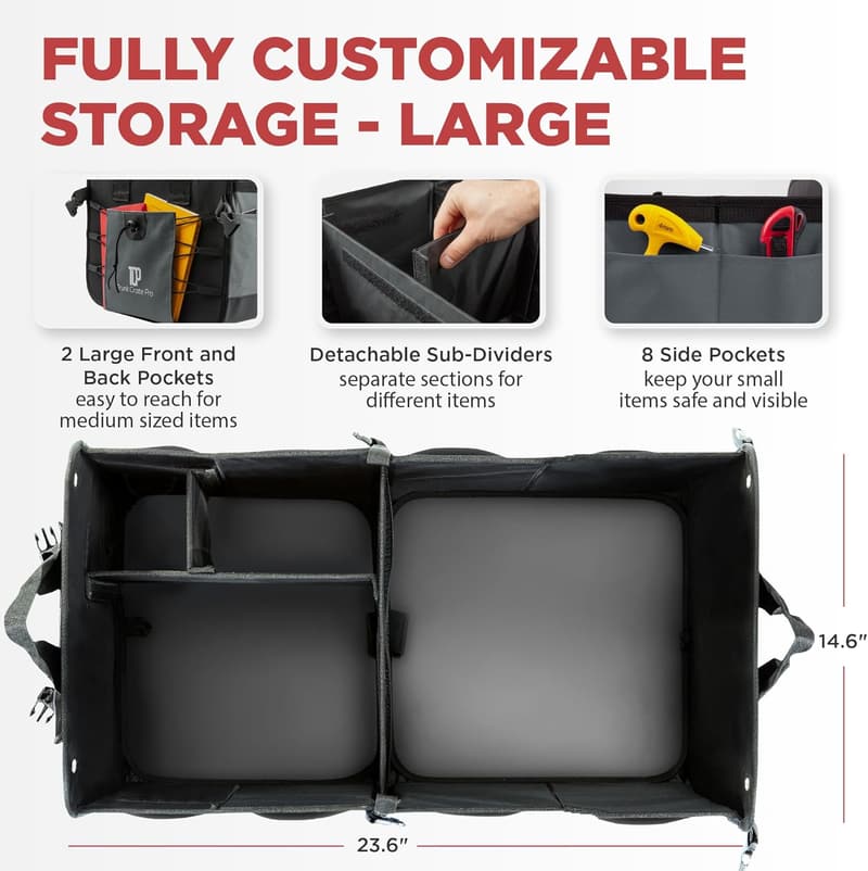Large Adjustable Car Trunk Organizer with Non-Slip Bottom - Grey