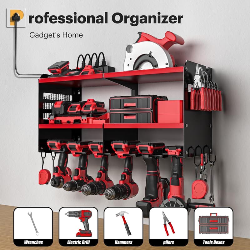 Heavy Duty Power Tool Organizer with Charging Station - Red