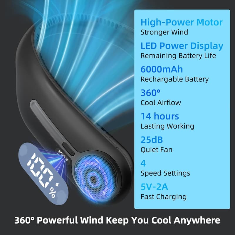 Portable Bladeless Neck Fan with LED – 360° Cooling for All