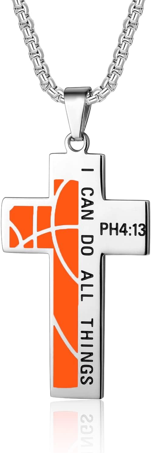Men's Basketball Cross Necklace - Stainless Steel Sport Pendant