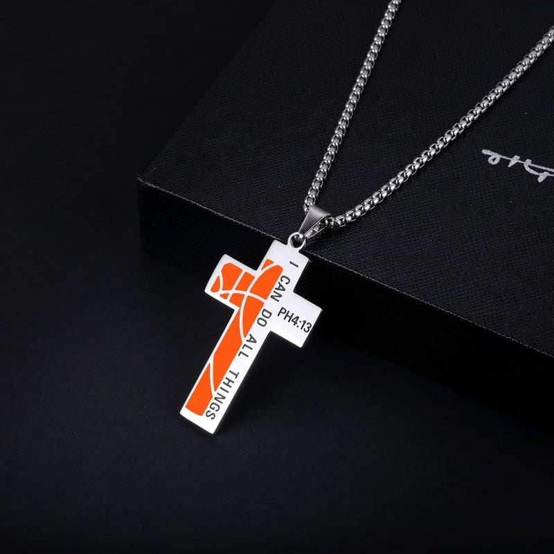 Men's Basketball Cross Necklace - Stainless Steel Sport Pendant