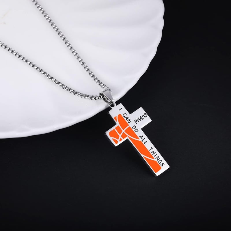 Men's Basketball Cross Necklace - Stainless Steel Sport Pendant
