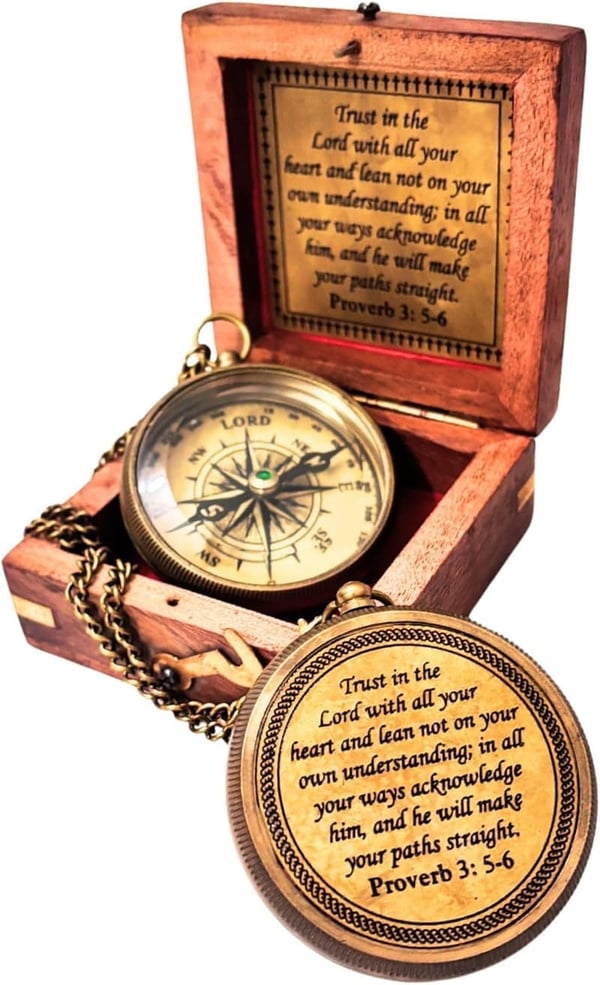 Proverbs 3:5-6 Engraved Compass in Wooden Box - Inspirational Gift for Men