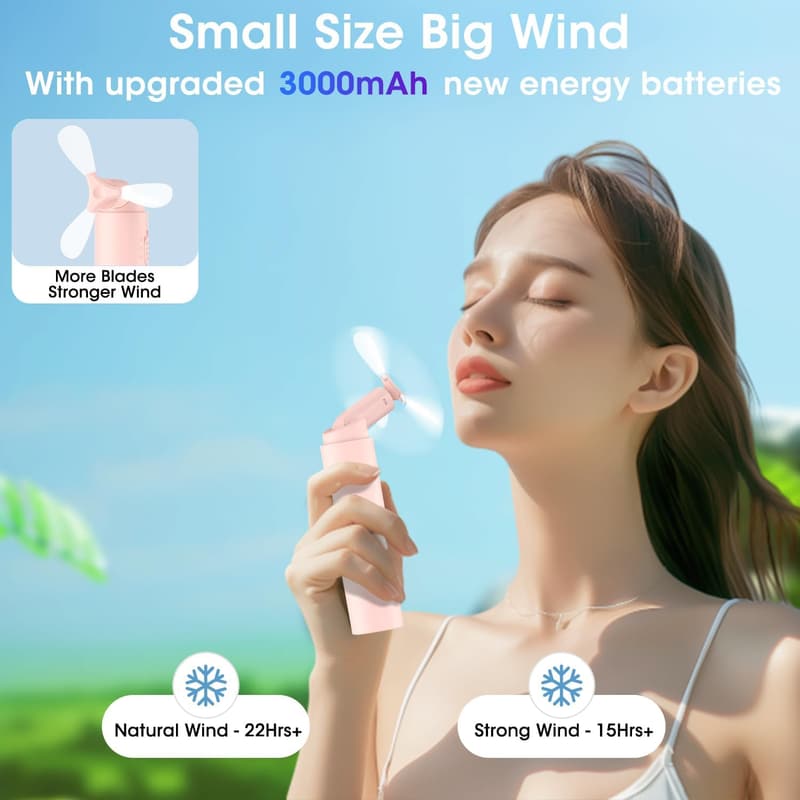 Portable Mini Handheld Fan - Rechargeable USB, 22+ Hrs Runtime, Pink