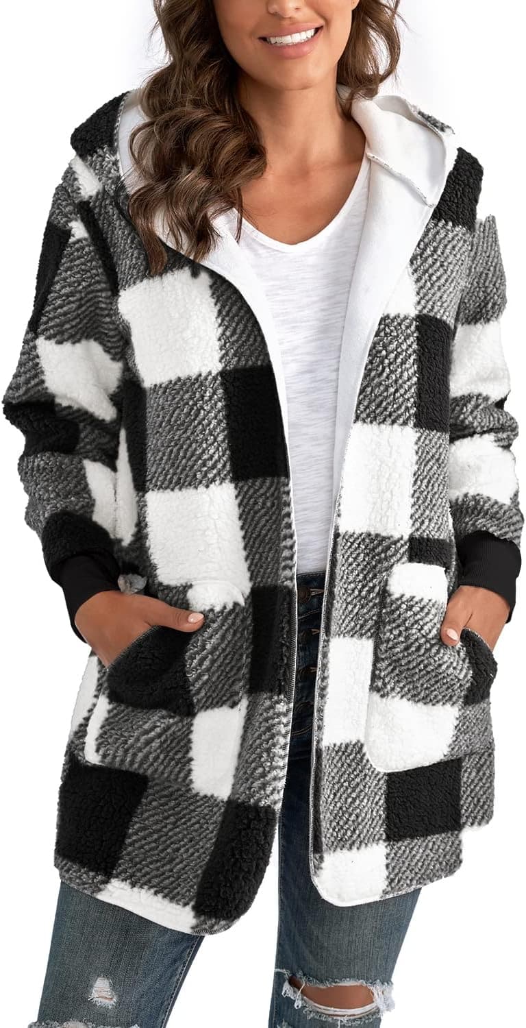 Women's Hooded Fleece Jacket with Pockets – Warm Sherpa Cardigan