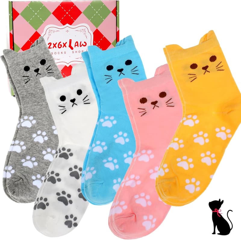 Cute Cat Crew Socks for Women - 5 Pack Novelty Gift for Cat Lovers