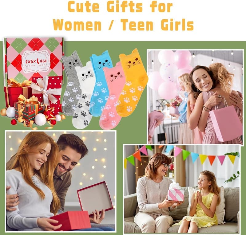 Cute Cat Crew Socks for Women - 5 Pack Novelty Gift for Cat Lovers