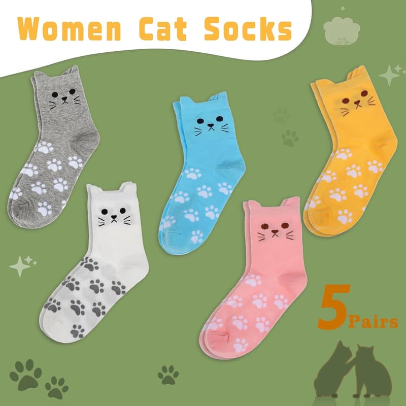 Cute Cat Crew Socks for Women - 5 Pack Novelty Gift for Cat Lovers