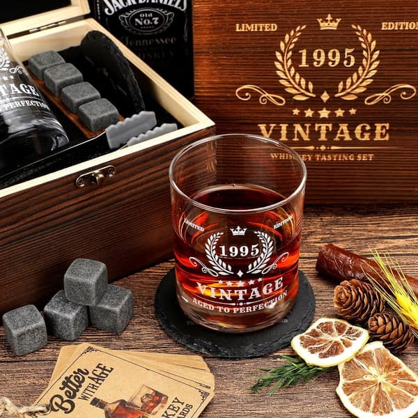 30th Birthday Whiskey Glass Set for Men with Wood Box