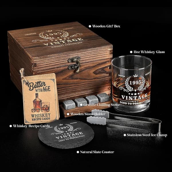 30th Birthday Whiskey Glass Set for Men with Wood Box