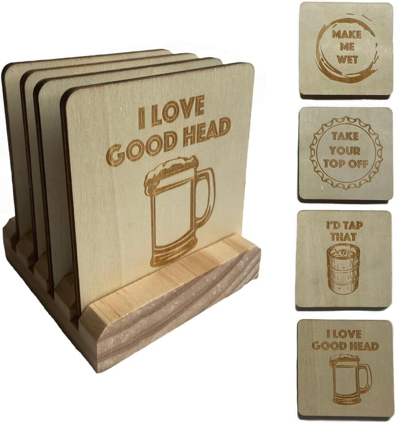 Funny Beer Coasters Set with Holder – Rustic Bar Decor (Set of 4)