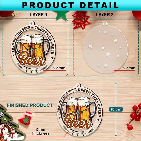 Beer Lover's Christmas Ornament - 2-Layer Wood & Acrylic 2024