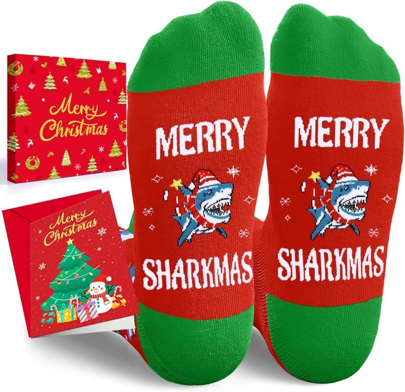 Christmas Shark Socks - Fun Stocking Stuffers for Men & Women