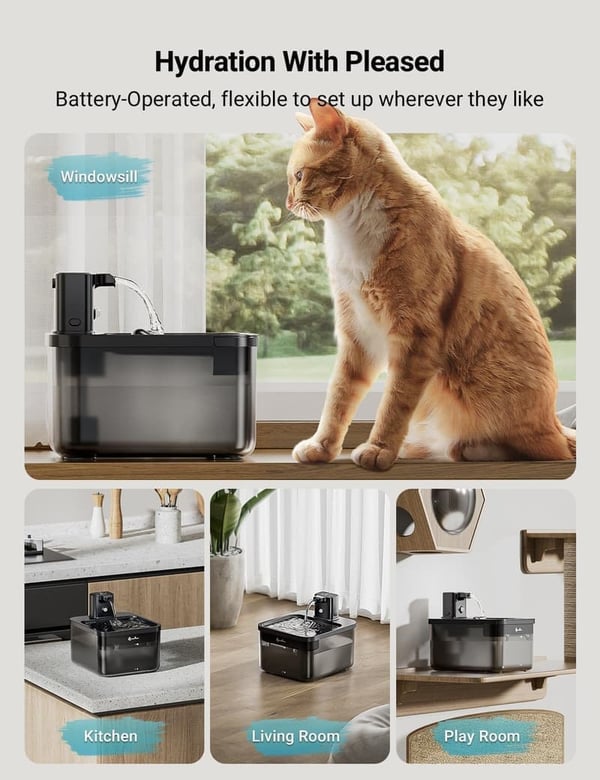 Cordless Cat Water Fountain - 84oz, Battery Operated, BPA-Free