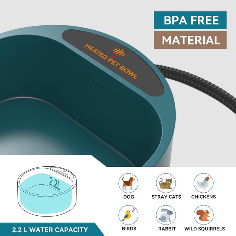Heated Outdoor Pet Water Bowl - 2.2L with Chew-Resistant Cord