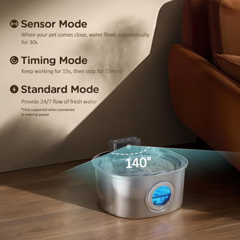 Pet Water Fountain: Stainless Steel Cordless 3.2L Motion Sensor