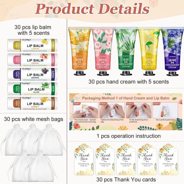 Bulk Hand Lotion & Lip Balm Set with Thank You Cards, Women’s Gifts