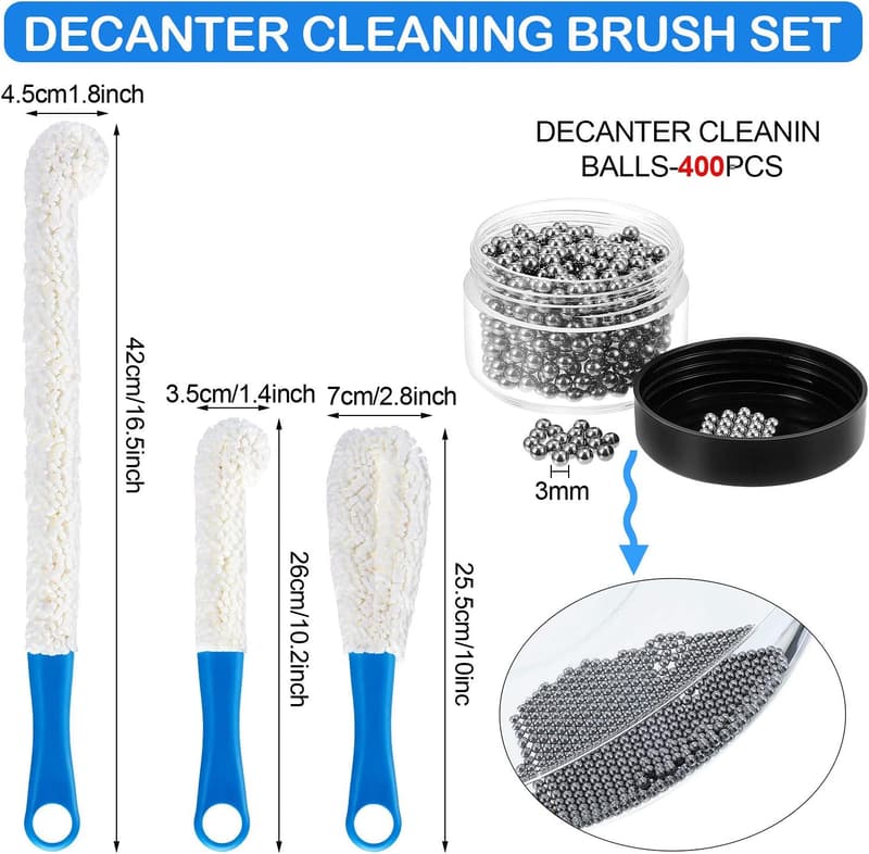 Decanter Cleaning Set: 3 Brushes & 400 Reusable Beads