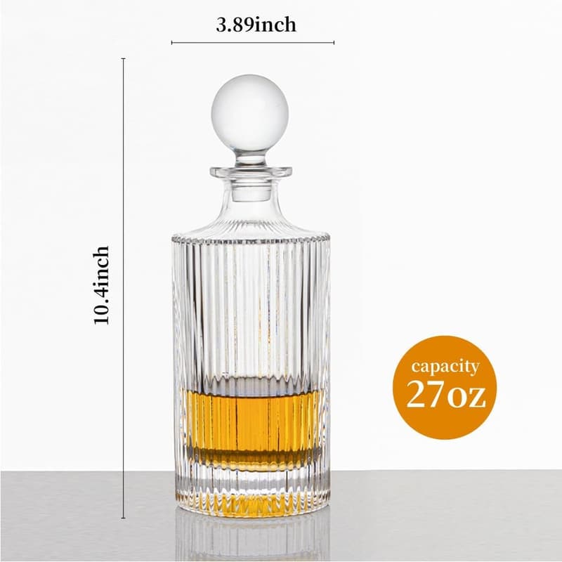 Round Ribbed Whiskey Decanter with Glass Stopper - 27 oz