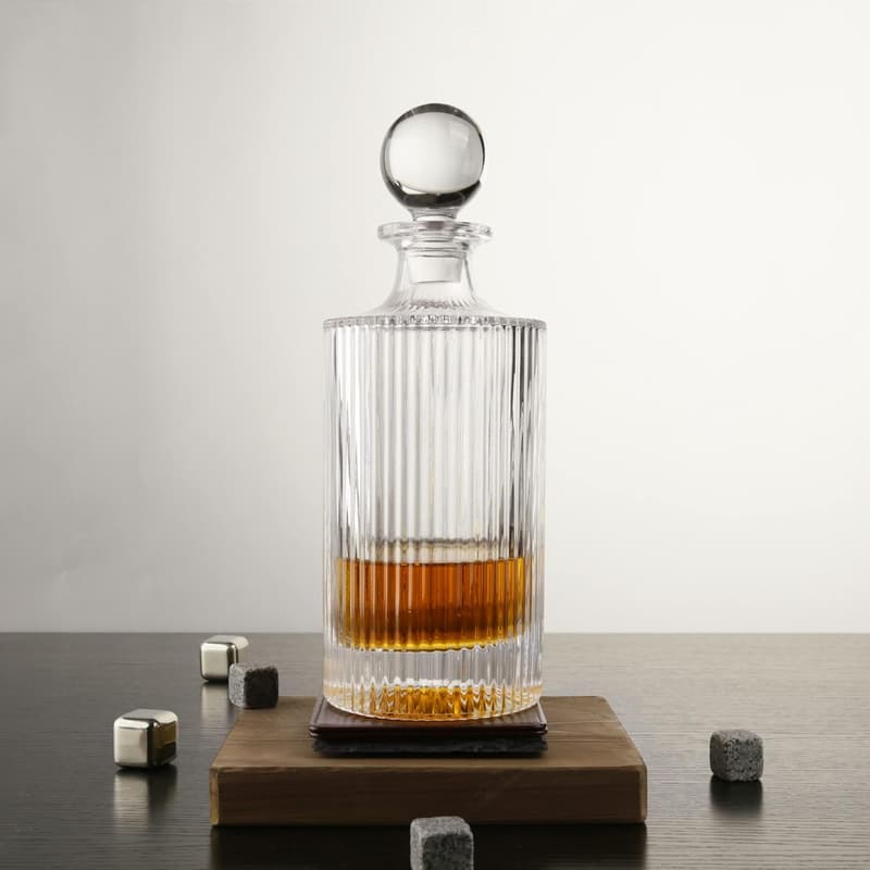 Round Ribbed Whiskey Decanter with Glass Stopper - 27 oz