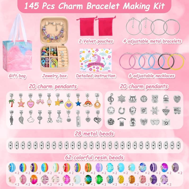 DIY Charm Bracelet Making Kit for Girls, 140 PCS with Organizer