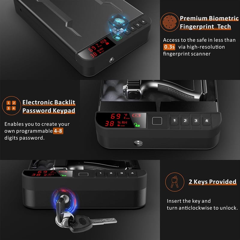 Biometric Handgun Safe with LCD Display & Keypad Lock (Black)