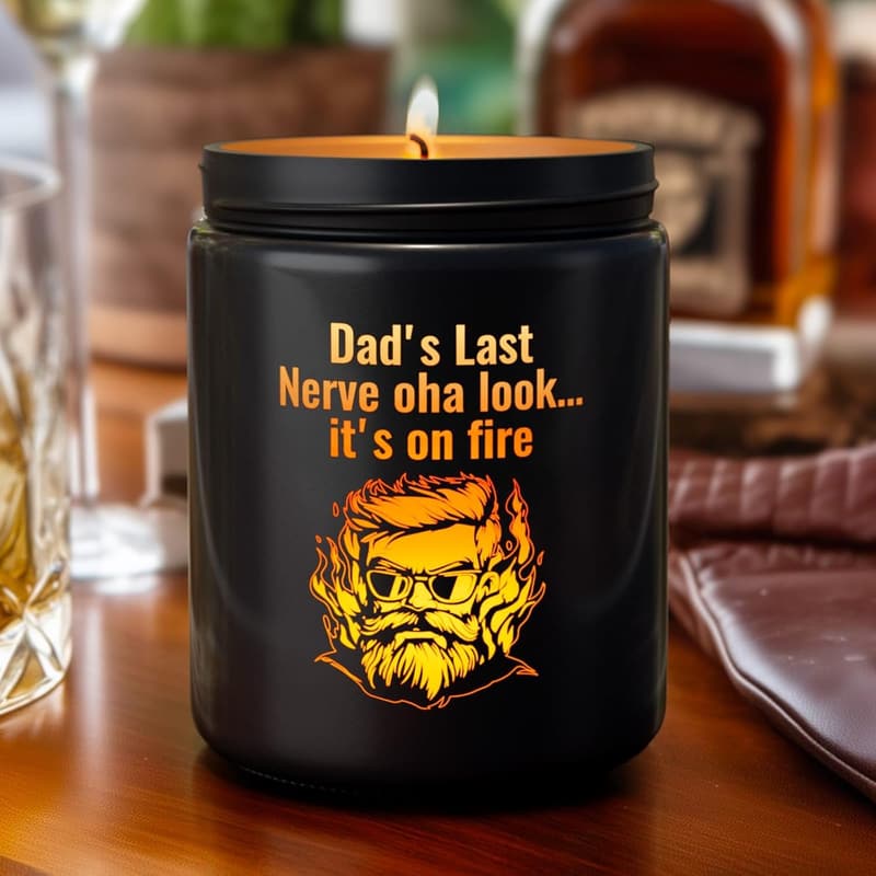 Ebony Wood Leather Scented Candle for Dad – LED Light, 40+ Hours Burn Time