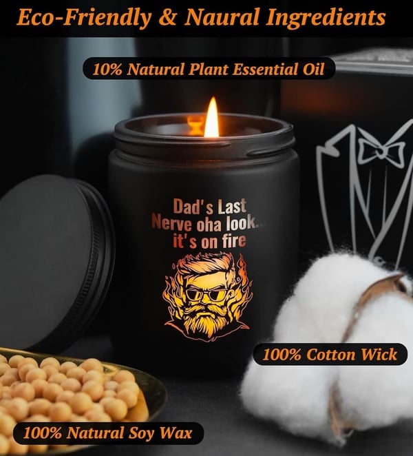 Ebony Wood Leather Scented Candle for Dad – LED Light, 40+ Hours Burn Time